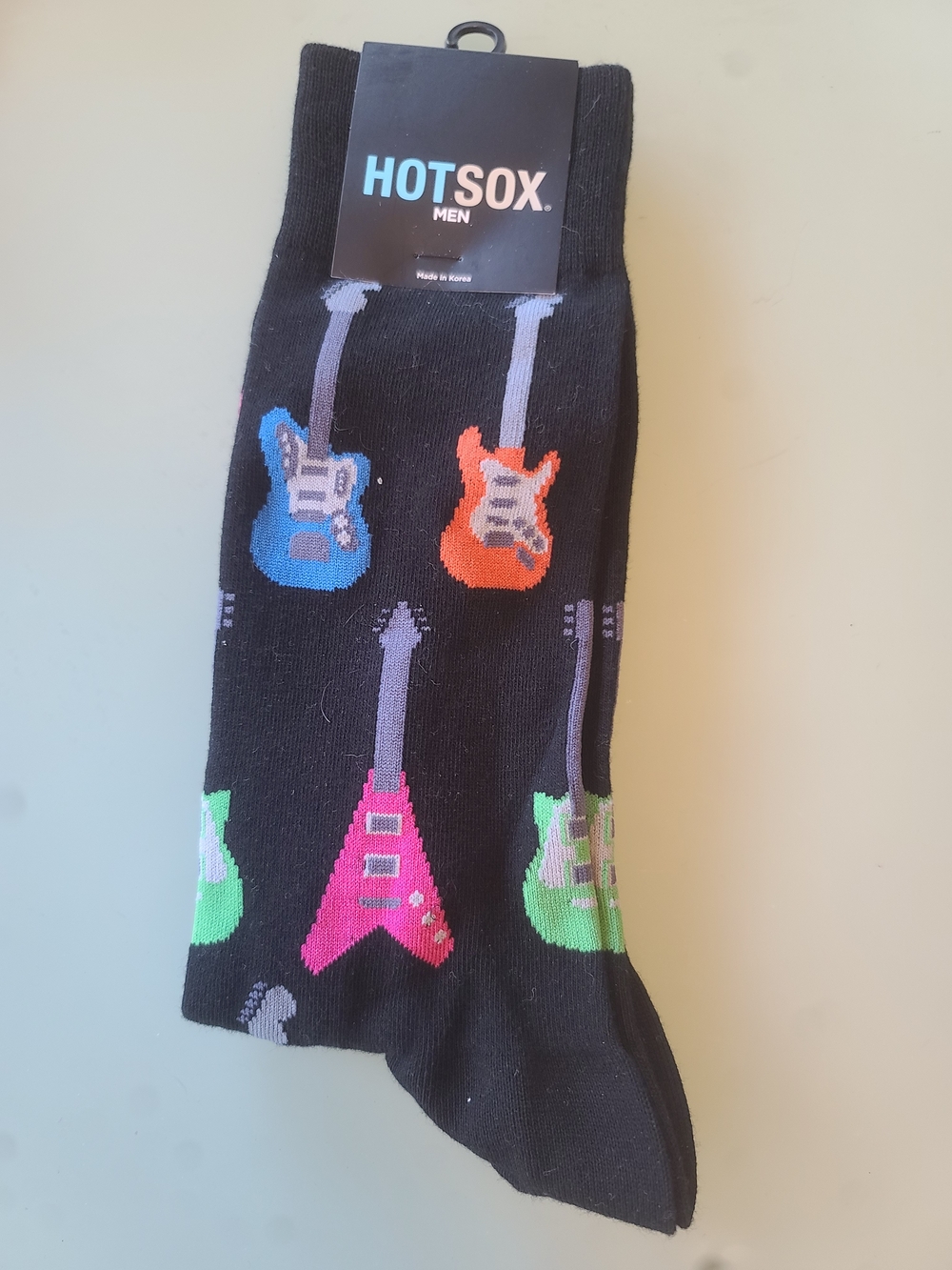 Hot Sox Men’s Black Crew Socks with Colorful Guitar Motifs